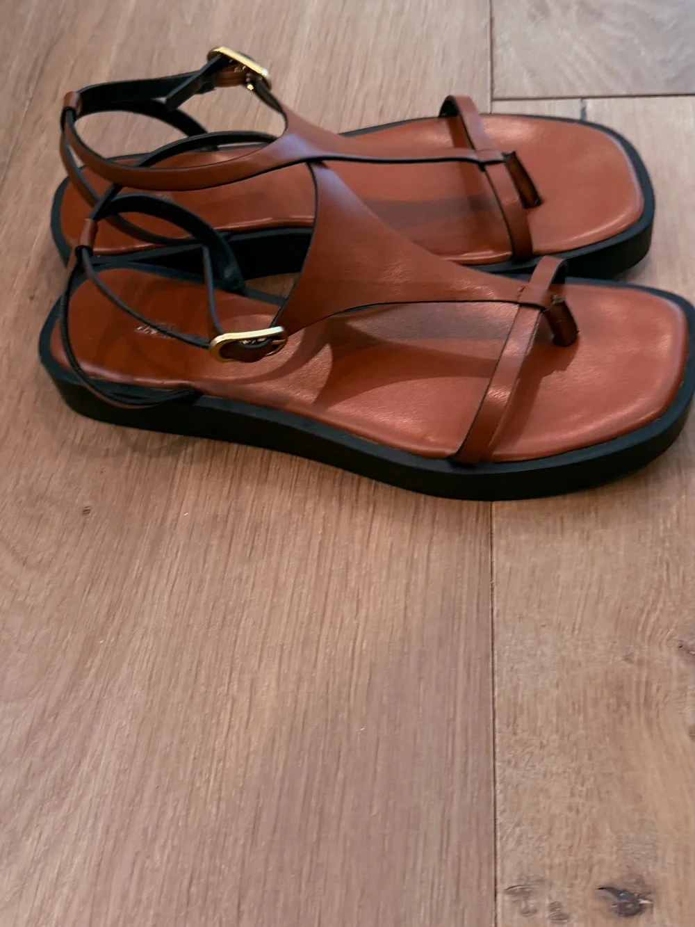 Zara Cognac Brown Leather T-Strap Flat Sandals with Gold Buckle. Worn once.